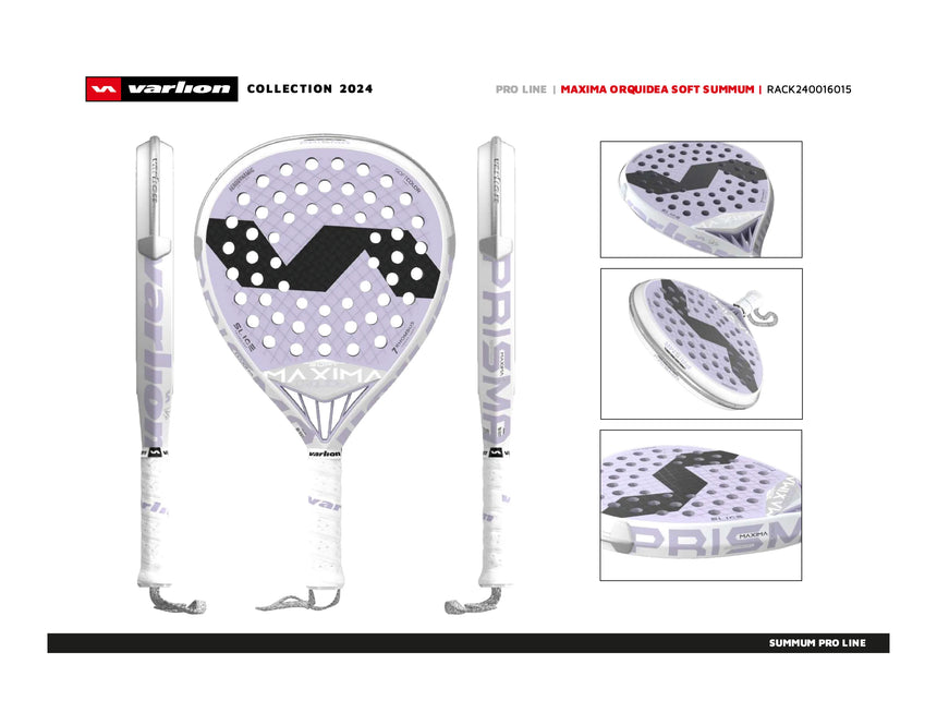 Dotted paddle racket branded Varlion with diverse angles to show details. Part of the 2024 Varlion collection, Pro Line model Maxima Summum Prisma Soft Orquidea, code RACK24060105. Features an aerodynamic design and SOFTCOLOR CORE EVA for improved performance.