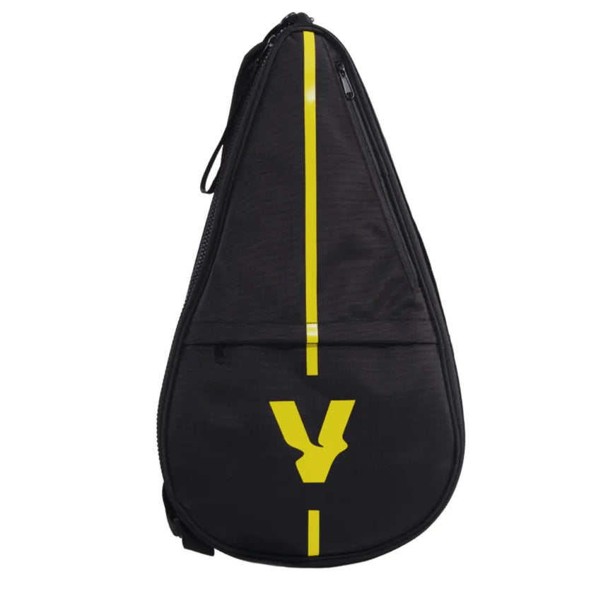 The VOLT 1000 v4 carrying case has a sleek black teardrop shape with a yellow vertical stripe and stylized logo, a durable carbon structure, zippered closure, and top handle for easy transport of your padel racket.