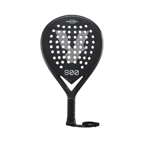 The VOLT 800 V4 Padel Racket by Volt features a black 3K carbon structure with a honeycomb face pattern and a white dot V design. It includes shock absorption, a wrapped grip handle, and wrist strap, with model number 800 printed elegantly beneath the pattern.