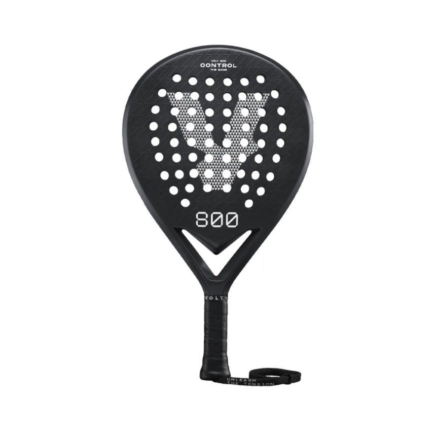 The VOLT 800 V4 Padel Racket by Volt features a black 3K carbon structure with a honeycomb face pattern and a white dot V design. It includes shock absorption, a wrapped grip handle, and wrist strap, with model number 800 printed elegantly beneath the pattern.