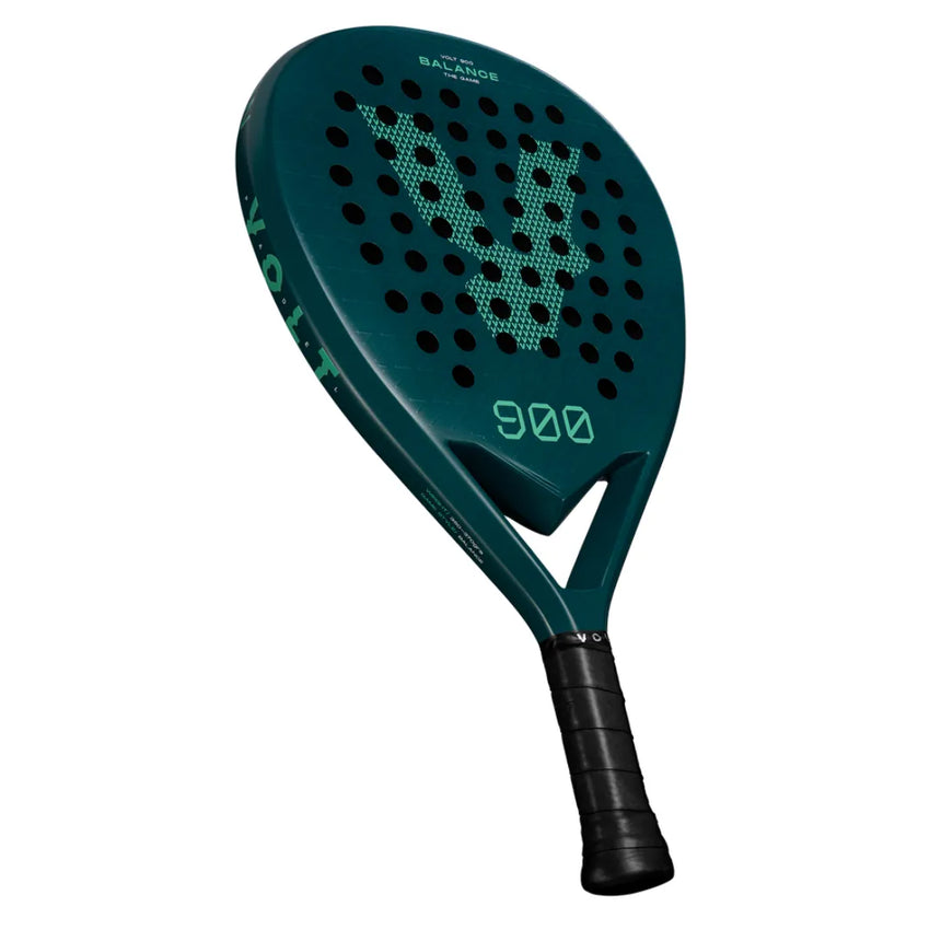 The VOLT 900 v4 padel racket by Volt features a dotted V and the number 900 on its face. Crafted with a 3K Carbon Structure, this sleek green and black racket has a black handle. It is elegantly displayed against a plain white backdrop.