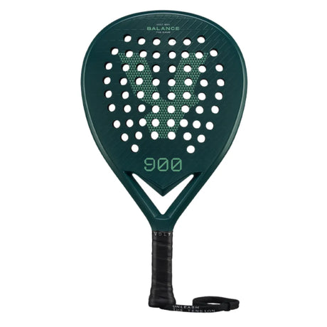 The VOLT 900 v4 padel racket by Volt is dark green with a teardrop shape, featuring a 3K Carbon Structure and 900” at the center. It has many surface holes and comes with a black handle and wrist strap for secure play.