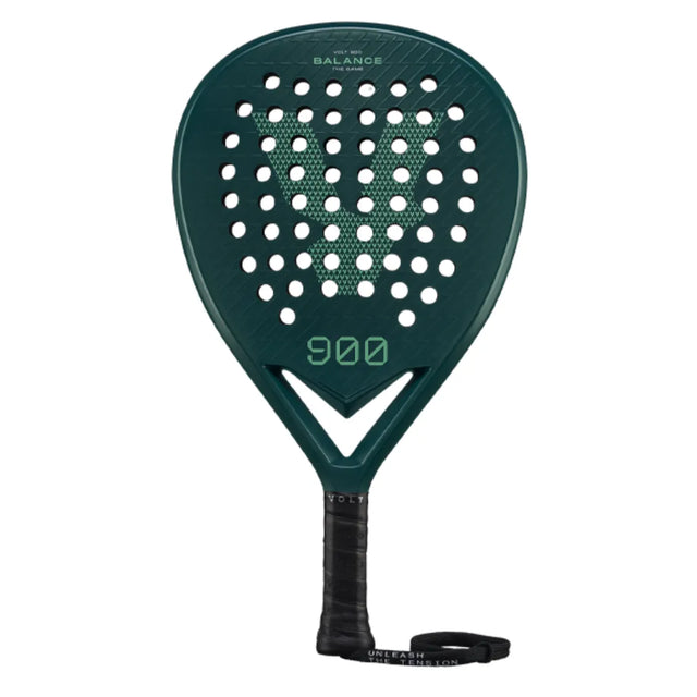 The VOLT 900 v4 padel racket by Volt is dark green with a teardrop shape, featuring a 3K Carbon Structure and 900” at the center. It has many surface holes and comes with a black handle and wrist strap for secure play.