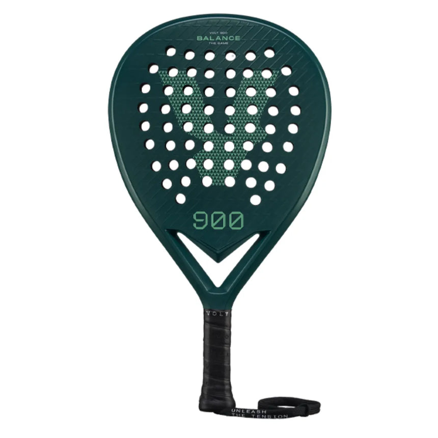 The VOLT 900 v4 padel racket by Volt is dark green with a teardrop shape, featuring a 3K Carbon Structure and 900” at the center. It has many surface holes and comes with a black handle and wrist strap for secure play.