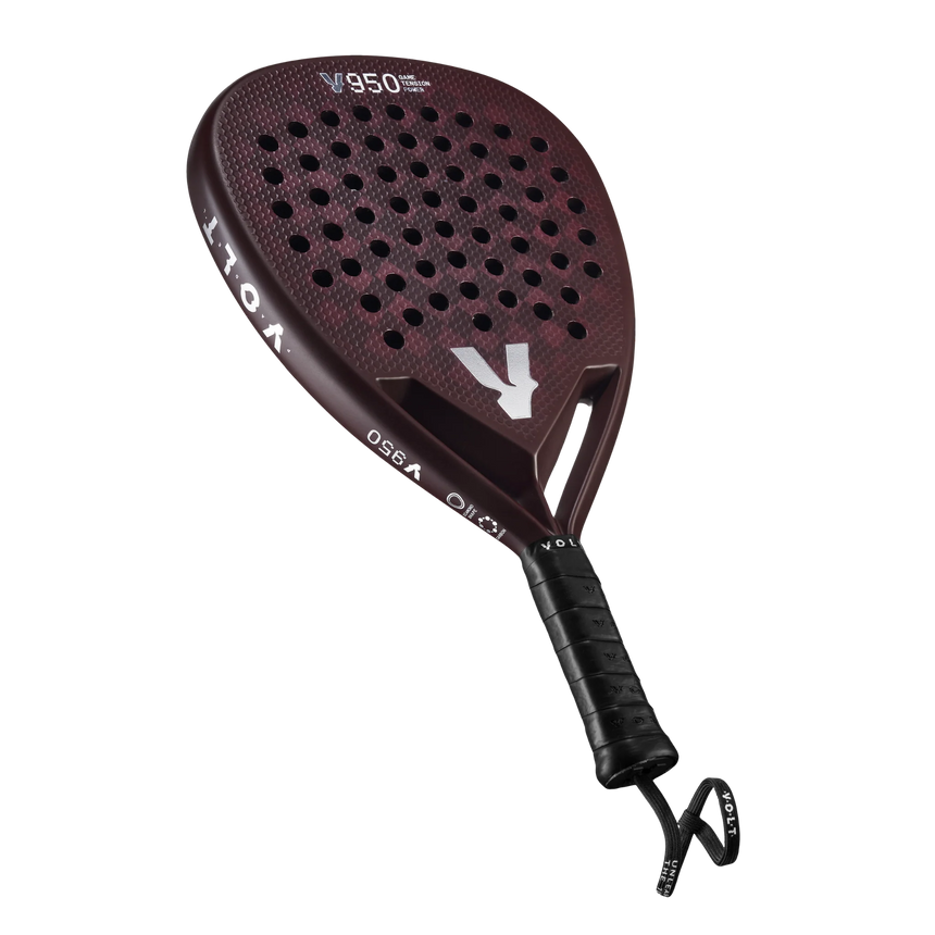 The VOLT 950 V23 padel racket by Volt, designed for advanced players, features a maroon perforated face for optimal power and control. It includes a black grip with the V950 model name and branded logo near the top, along with a securely attached wrist strap for convenience.
