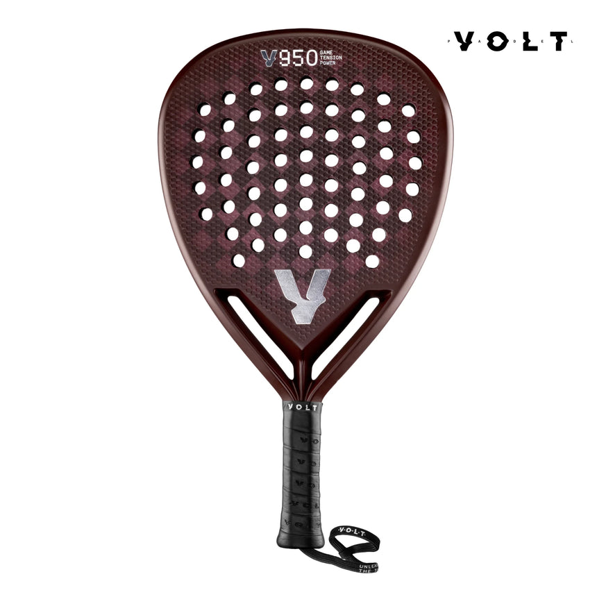 The dark brown VOLT 950 V23 padel racket features multiple circular holes, a black grip, the Volt logo, and a wrist strap. Designed for advanced players wanting power and control, the model V950 is prominently displayed near the top against a plain white backdrop.