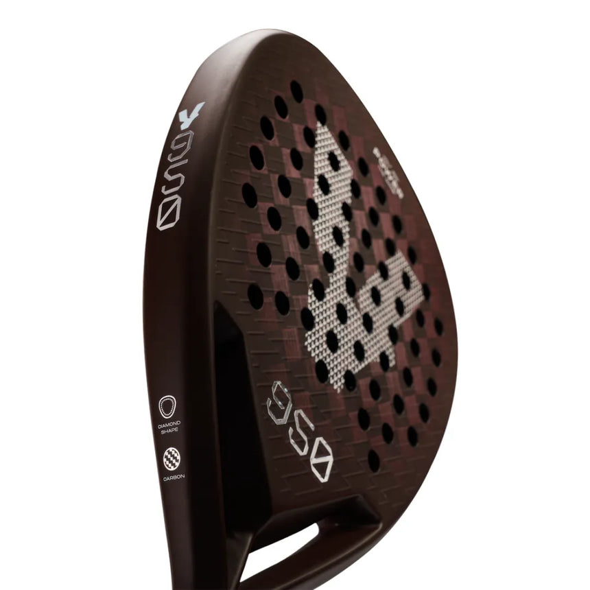 Close-up of the Volt VOLT 950 v4 padel racket in a sleek black and burgundy color scheme, featuring a durable 3K Carbon Structure with prominent geometric designs and branding details on its surface and side.