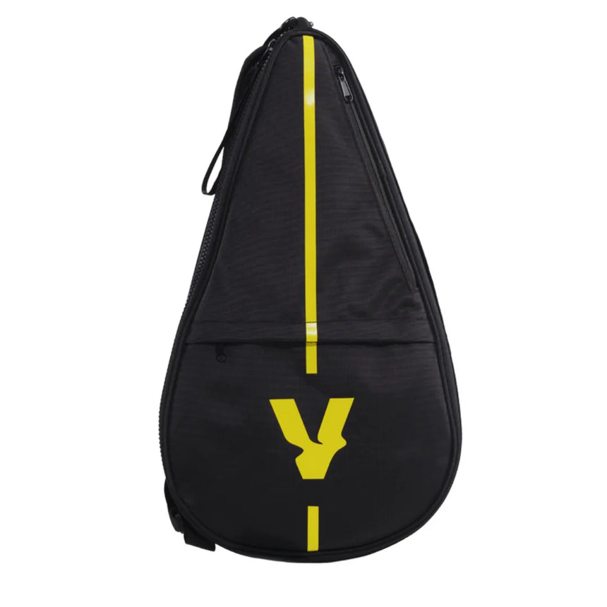 A stylish black and yellow triangular bag features a front zipper pocket, central vertical stripe, and a Y logo. It pairs perfectly with the VOLT 950 v4 padel racket from Volt, crafted with a modern design and 3K Carbon Structure for sporting gear.