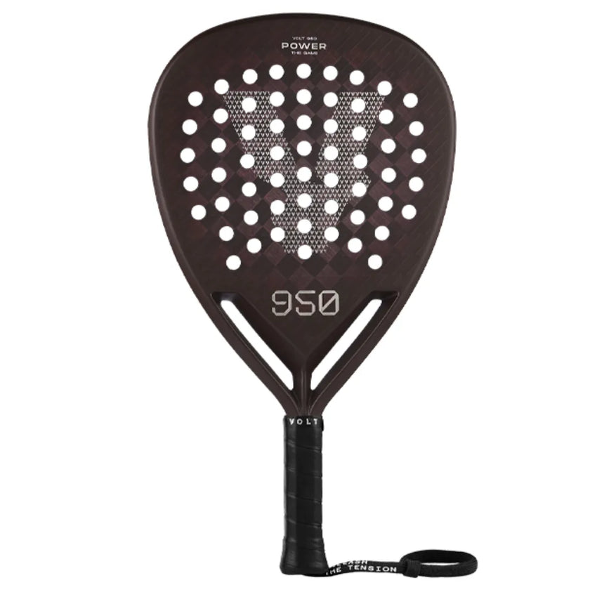 The VOLT 950 V4 padel racket from Volt features a black grip, Power at the top, and a bold V design. Made with 3K Carbon Structure, it has circular holes, a wrist strap with Volt, and the number 950 below.
