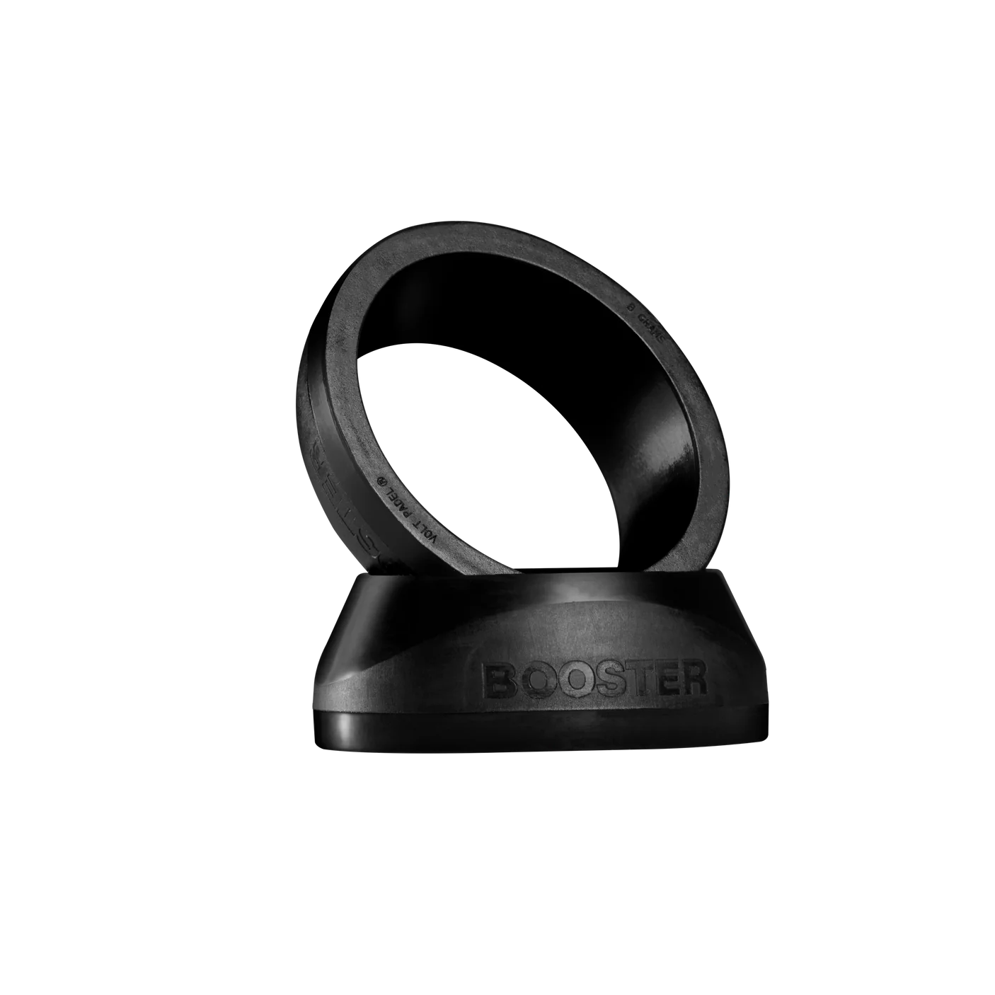 The sleek VOLT BOOSTER by Volt is a black ring with BOOSTER embossed, angled on a matching base against a dark backdrop. This padel racket accessory combines modern aesthetics with a power boost for your game.