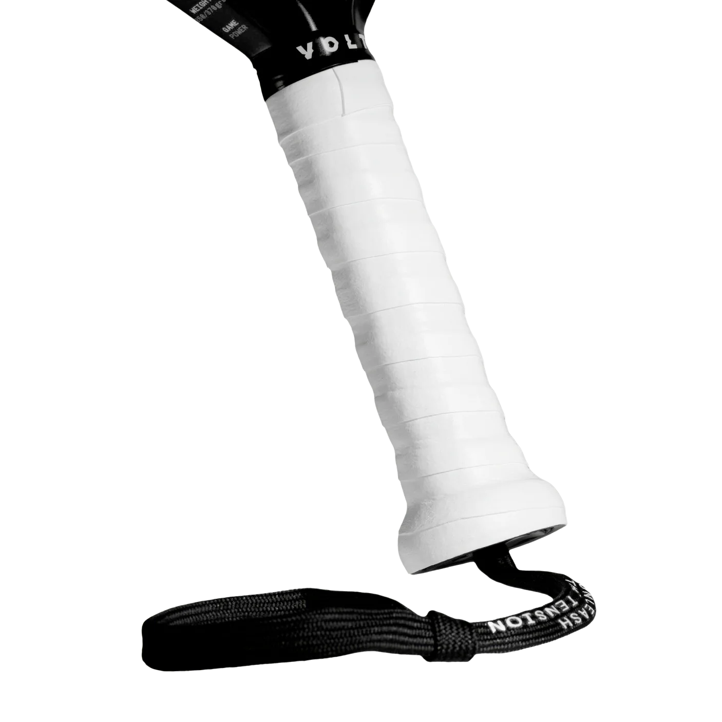 A close-up of the Volt VOLT BOOSTER pickleball paddle handle wrapped in white grip tape with a power boost touch. A black wrist strap, like a supercharger smash cap, is attached at the base, set against a sleek black background.