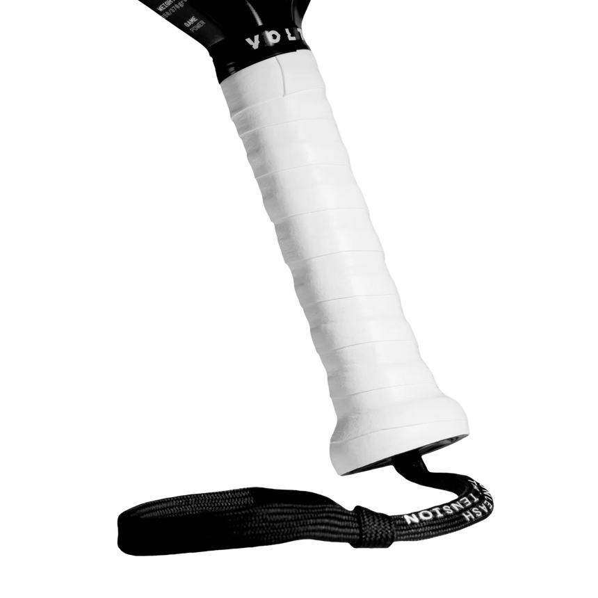 A close-up of the Volt VOLT BOOSTER pickleball paddle handle wrapped in white grip tape with a power boost touch. A black wrist strap, like a supercharger smash cap, is attached at the base, set against a sleek black background.