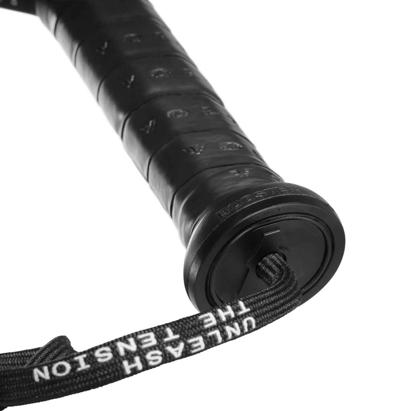 Close-up of the VOLT BOOSTERs black handle featuring a sleek wrist strap and white UNLEASH THE TENSION text, with embossed grip lettering. Elevate your Supercharger Smash Cap with Volt style and precision against a transparent backdrop.