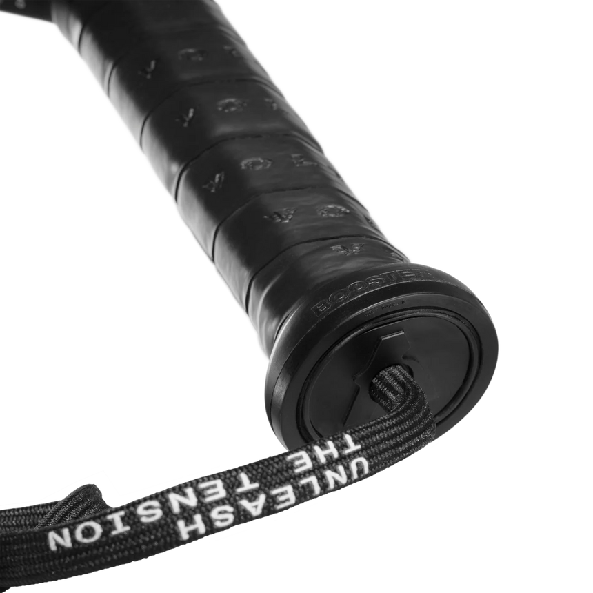 Close-up of the VOLT BOOSTERs black handle featuring a sleek wrist strap and white UNLEASH THE TENSION text, with embossed grip lettering. Elevate your Supercharger Smash Cap with Volt style and precision against a transparent backdrop.