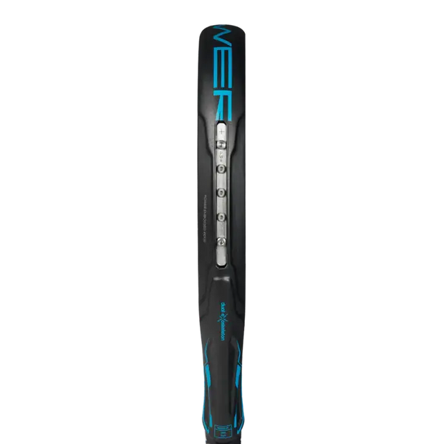 A image of adidas adipower multiweight ctrl 3.4 racket from the side view showing the weights. 