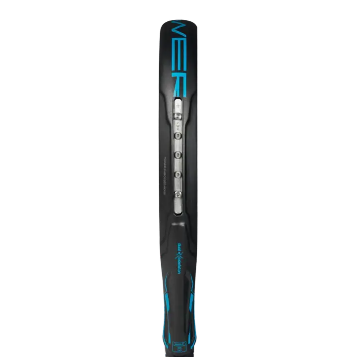 A image of adidas adipower multiweight ctrl 3.4 racket from the side view showing the weights. 