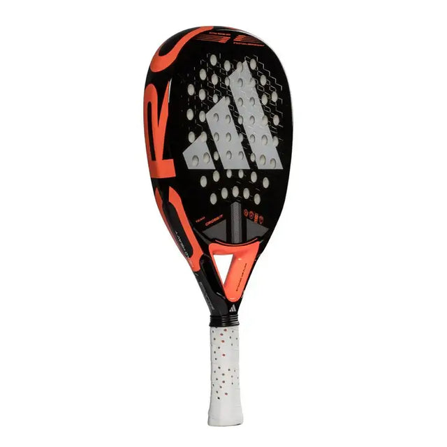A image of the Adidas Cross it team Padel Racket at an angle showing left side of racket. 