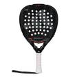 The Adidas Metalbone HRD+ 3.4 Ale Galan 2025 padel racket features a perforated black surface with red accents. Tailored for offensive play, its handle includes a white grip with red dots, allowing match customization.