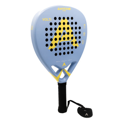 The Antone Padel Volti racket, in blue with black grip and yellow accents, features a 12K carbon build and perforated surface. Its high-performance design is marked by the brand name Antone and a striking yellow A logo.