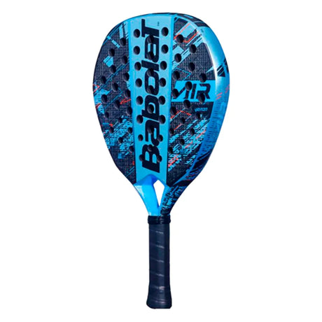 The Babolat Air Veron 2024 Padel Racket - Black & Blue (Like New) features a dynamic angular design with CARBON FLEX technology for enhanced power. It has a textured surface with multiple holes, sleek black grip tape on the handle, and the bold Babolat brand name on the face.