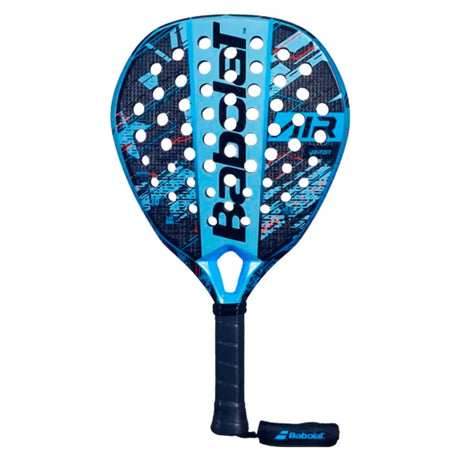 Introducing the Babolat Air Veron 2024 Padel Racket in black and blue, featuring a perforated surface, CARBON FLEX technology for dynamic power, a black grip with an attached strap, and bold branding on both the face and handle.