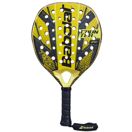 The Babolat Counter Veron 2024 Padel Racket in yellow and black, features CARBON FLEX technology with a textured perforated surface. Its handle has black grip tape for a sleek, sporty look emphasizing the brand name and model.