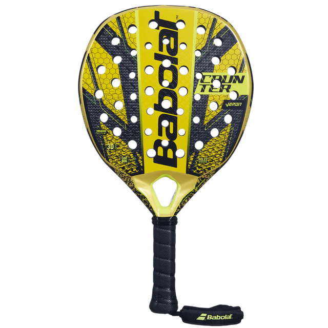 The Babolat Counter Veron 2024 Padel Racket in yellow and black, features CARBON FLEX technology with a textured perforated surface. Its handle has black grip tape for a sleek, sporty look emphasizing the brand name and model.