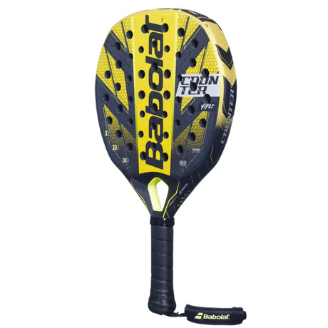 The Babolat Counter Viper 2024, a yellow and black padel racket, boasts explosive power with a perforated design. It features the brand Babolat prominently, a padded handle, and a branded wrist strap for security.