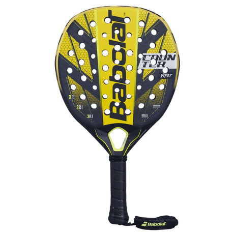Introducing the Babolat Counter Viper 2024 padel racket in yellow and black, crafted for explosive power. Featuring a perforated design, signature branding, and a handy wrist strap on the handle, its ideal for players seeking precision and power on the court.