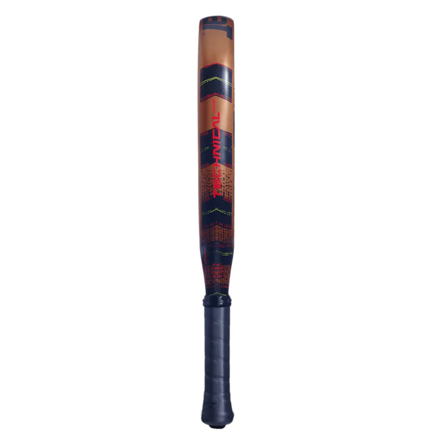 The Babolat Technical Veron 2024 Padel Racket, with a black handle and a dark orange barrel featuring red graphics, stands upright against a white background, highlighting its sleek design reminiscent of CARBON FLEX technologys dynamic style.