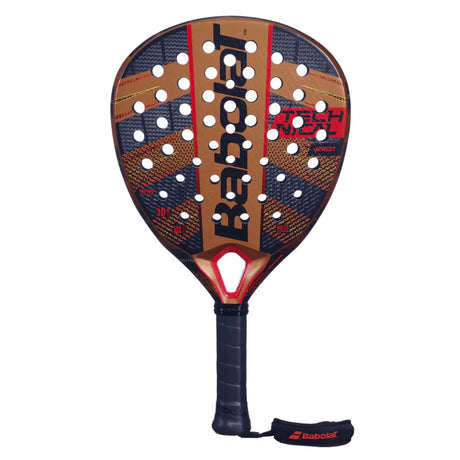 The Babolat Technical Veron 2024 Padel Racket in Black & Dark Orange features CARBON FLEX technology, a perforated brown and black face with red and white accents, a black grip-taped handle, and a wrist strap for secure play.