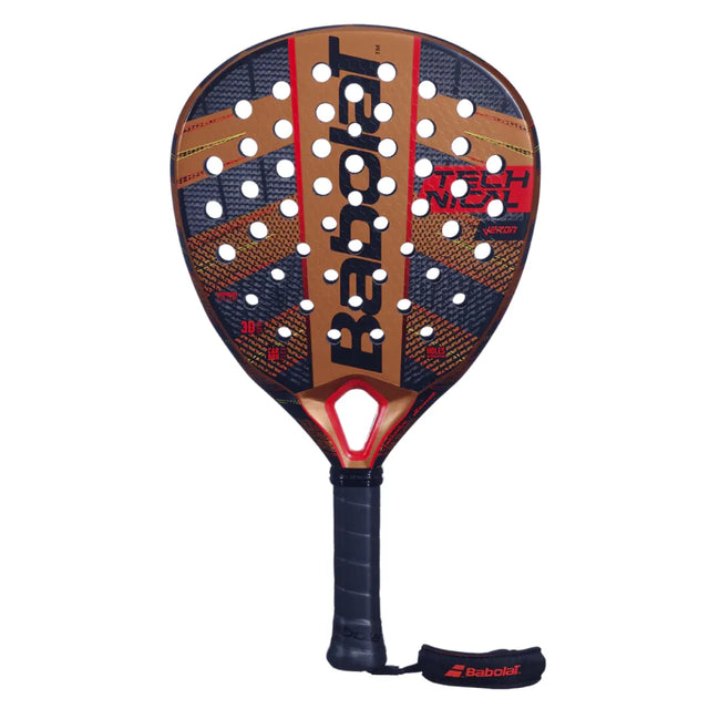 The Babolat Technical Veron 2024 Padel Racket in Black & Dark Orange features CARBON FLEX technology, a perforated brown and black face with red and white accents, a black grip-taped handle, and a wrist strap for secure play.