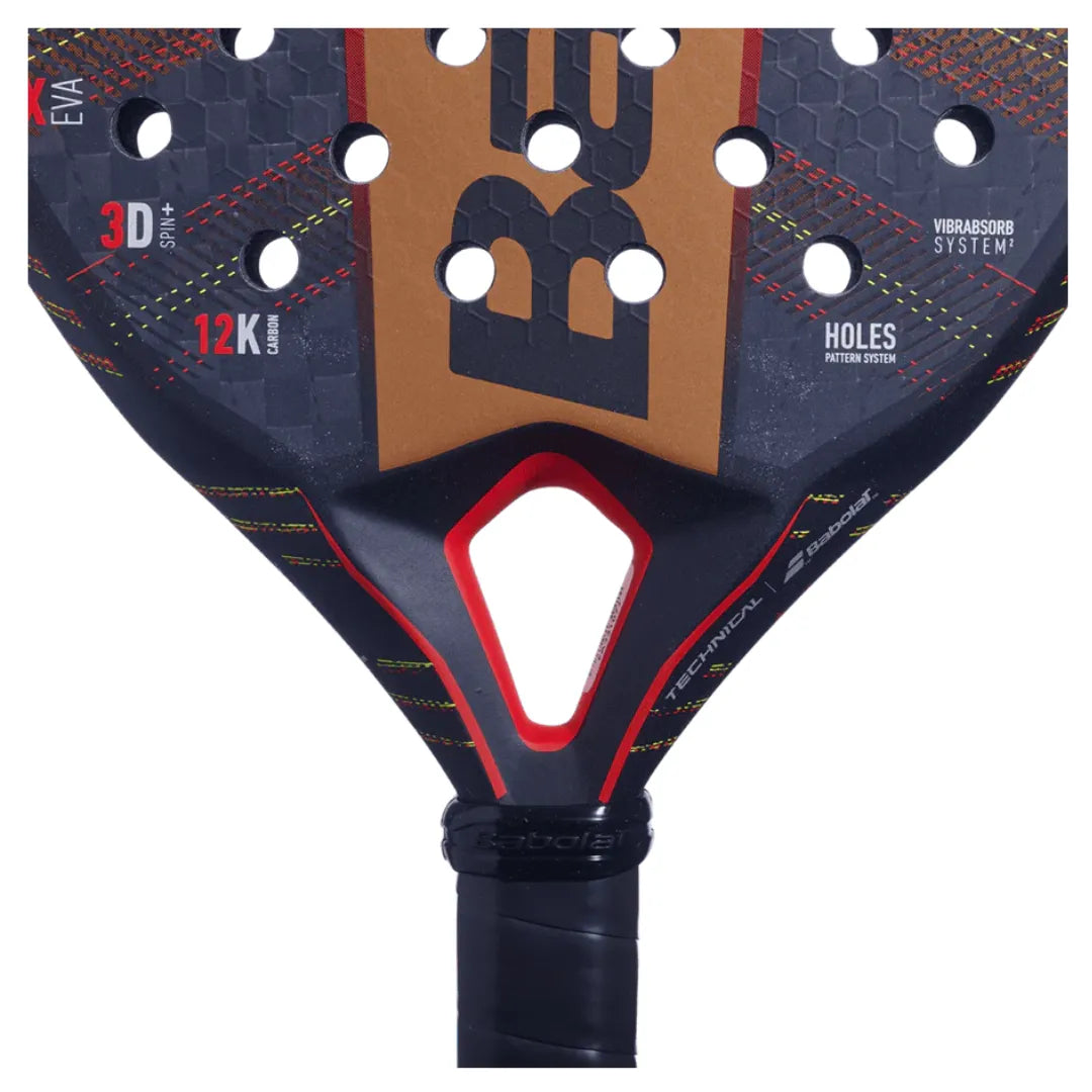 Close-up of the Babolat Technical Viper 2024 Padel Racket in black and dark orange, featuring honeycomb patterns, round holes for explosive power, 3D Spin, 12K Carbon, and Vibrasorb System text. Black grip tape wraps the handle for precision & comfort. Like new condition.