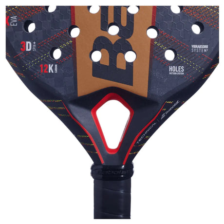 Close-up of the Babolat Technical Viper 2024 Padel Racket in black and dark orange, featuring honeycomb patterns, round holes for explosive power, 3D Spin, 12K Carbon, and Vibrasorb System text. Black grip tape wraps the handle for precision & comfort. Like new condition.