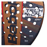 The Babolat Technical Viper 2024 Padel Racket in black and dark orange features an explosive power-boosting honeycomb pattern with circular holes, TECHNICAL and VIPER text, a VIBRASORB SYSTEM label, and a bold HOLES PATTERN SYSTEM note for precision and comfort.