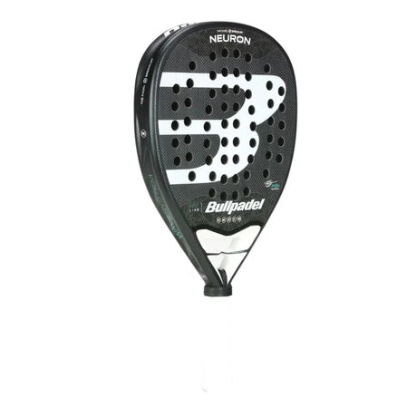 The Bullpadel Padel Racket Neuron 2024 Fede Chingotto, offered by Padel Smash Academy, features a sleek black and white design with Bullpadel branding. It includes a CarbonTube frame, perforated pattern, and has a pristine white handle for optimal performance.