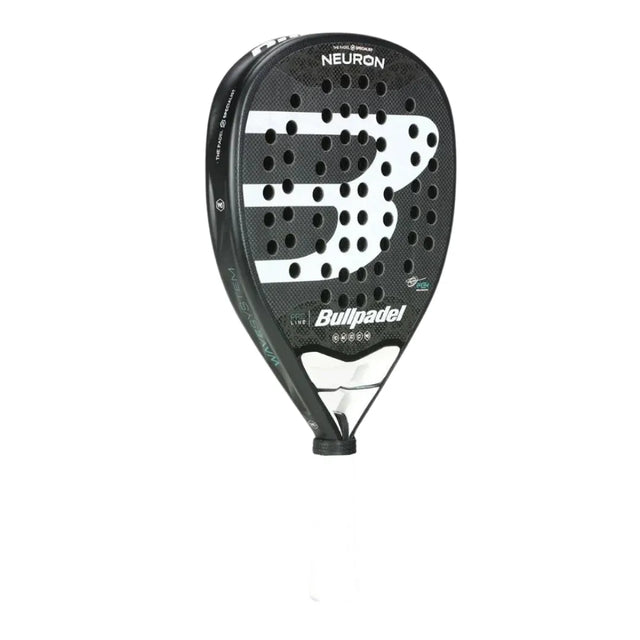 The Bullpadel Padel Racket Neuron 2024 Fede Chingotto, offered by Padel Smash Academy, features a sleek black and white design with Bullpadel branding. It includes a CarbonTube frame, perforated pattern, and has a pristine white handle for optimal performance.