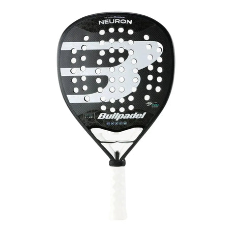 The Bullpadel Padel Racket Neuron 2024 features a black face with a striking white B logo and multiple holes, boasts a CarbonTube frame for durability, the names Neuron and Bullpadel, and has a handle wrapped in white grip tape. Available at Padel Smash Academy (LIKE NEW).
