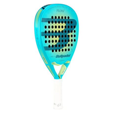 The BULLPADEL RACKET FLOW WOMAN 2025 ALEJANDRA SALAZAR by BullPadel features a blue-green color with a striking yellow-black design and perforated circular pattern, endorsed by Alejandra Salazar. The handle is wrapped in white grip tape for enhanced control in padel matches.