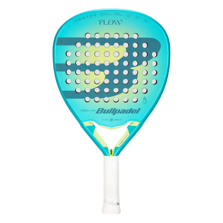 The BULLPADEL RACKET FLOW WOMAN 2025 ALEJANDRA SALAZAR by BullPadel is a turquoise masterpiece with hole patterns, abstract green and yellow shapes, a white grip tape handle, and brand markings on its face.