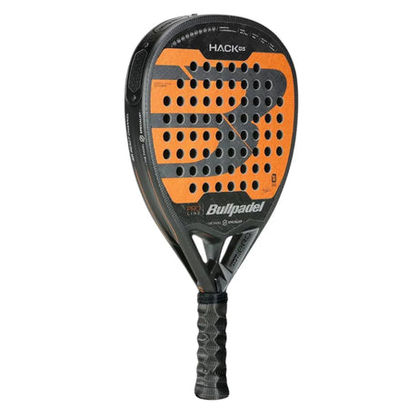 Orange and black diamond-shaped padel racket with perforated surface, branded Bullpadel Racket Hack 03 2024 and other logos. Features a black textured grip handle, endorsed by Paquito Navarro for peak performance. Brand: Padel Smash Academy.