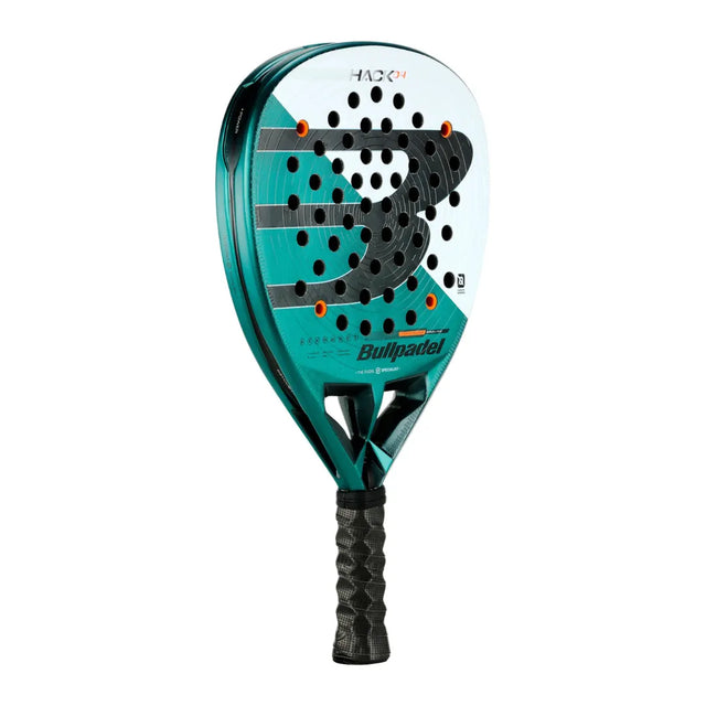 The image features a BULLPADEL RACKET HACK 04 2025 PAQUITO NAVARRO in vibrant green and black. Bullpadel branding is prominent on its face, while the handle has sleek black grip tape with Total Channel technology from Padel Smash Academy. (Like New).