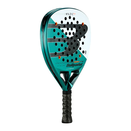The image features a BULLPADEL RACKET HACK 04 2025 PAQUITO NAVARRO in vibrant green and black. Bullpadel branding is prominent on its face, while the handle has sleek black grip tape with Total Channel technology from Padel Smash Academy. (Like New).