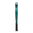 Side view of a teal tennis racket, the BULLPADEL RACKET HACK 04 2025 by Padel Smash Academy. It features Total Channel tech for enhanced play, a black textured-pattern grip for secure handling, and DUNLOP adorning the frame design.