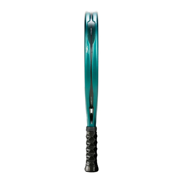 Side view of a teal tennis racket, the BULLPADEL RACKET HACK 04 2025 by Padel Smash Academy. It features Total Channel tech for enhanced play, a black textured-pattern grip for secure handling, and DUNLOP adorning the frame design.