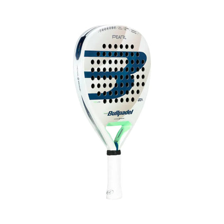 The Bullpadel Racket Pearl 2024 Bea González, from Padel Smash Academy, features a sleek white and blue design with a perforated face, highlighted by a bold B logo and green Bullpadel branding. Enhanced with AIR REACT CHANNEL technology for optimal performance, it has a white handle with a black cap.
