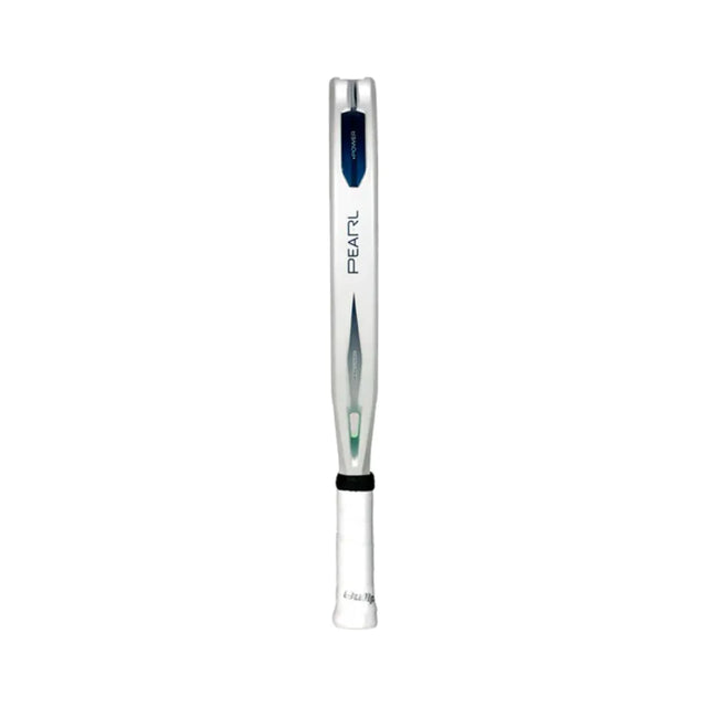 The Bullpadel Racket Pearl 2024 Bea González by Padel Smash Academy features a transparent design with PEARL in blue text and a light-colored handle grip, enhanced with AIR REACT CHANNEL technology, and stands vertically against a white background.