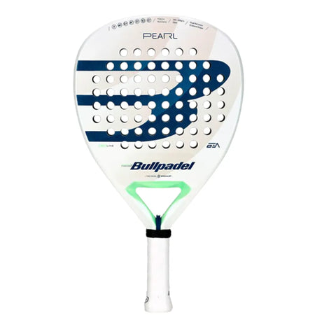 The Bullpadel Racket Pearl 2024 Bea González (LIKE NEW) from Padel Smash Academy features a sleek white and blue design, innovative AIR REACT CHANNEL technology, a teardrop shape, perforated surface, and a white grip handle for superior performance and style.