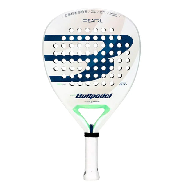 The Bullpadel Racket Pearl 2024 Bea González (LIKE NEW) from Padel Smash Academy features a sleek white and blue design, innovative AIR REACT CHANNEL technology, a teardrop shape, perforated surface, and a white grip handle for superior performance and style.