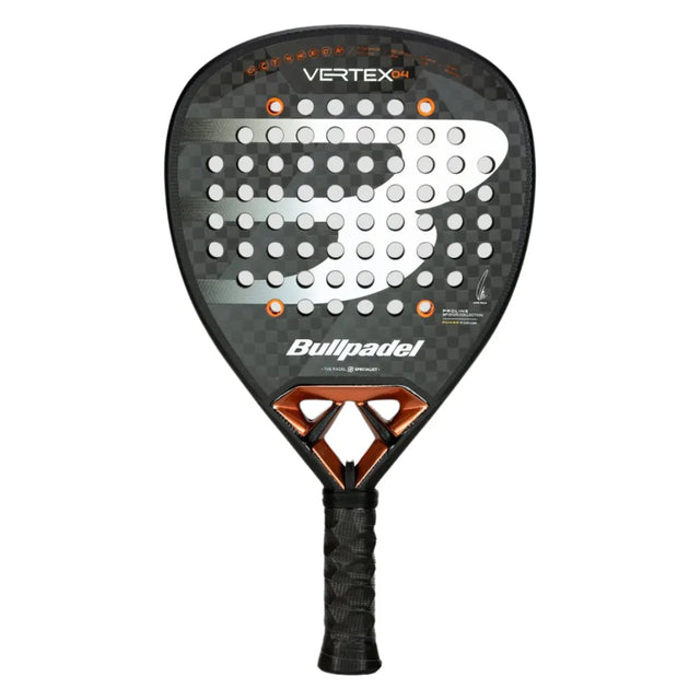 Discover the BULLPADEL RACKET VERTEX 04 2025 JUAN TELLO, featuring a black and gray checkered surface with a central logo. Its textured design with circular holes enhances control, while the ergonomic grip and bold Vertex and Bullpadel branding embody top-tier padel innovation.